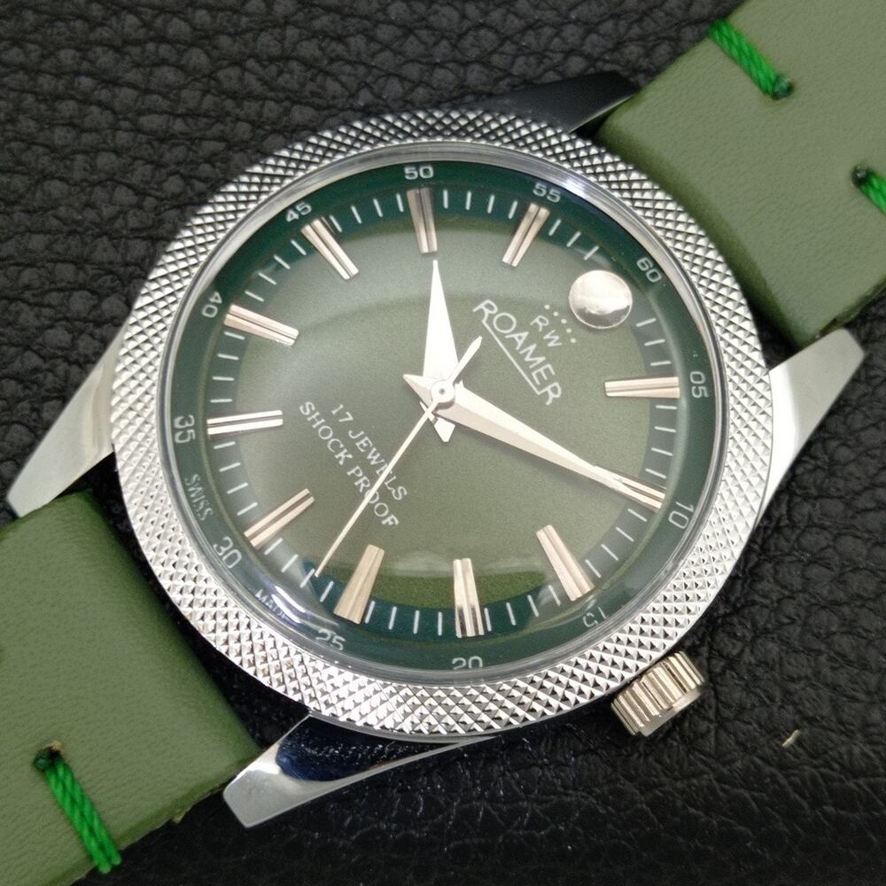Vintage 1970 Roamer Manual Mens Silver Watch W/Leather Strap & Green accents - Picture 6 of 9